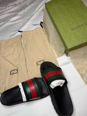 Gucci Black Slides with Green & Red Web Stripes